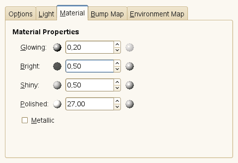 Opcions del filtre «Efectes de llum» (Propietats del material)