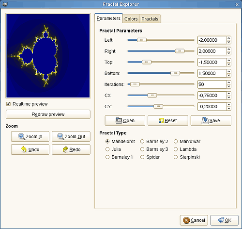 Opcions del filtre «Explorador de fractals»