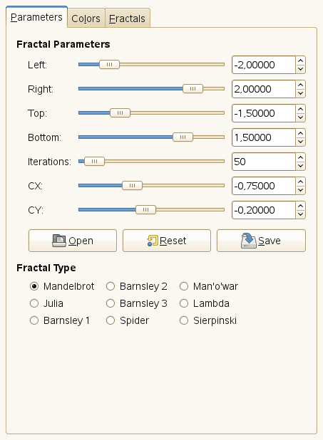 Opcions del filtre «Explorador de fractals» (paràmetres)