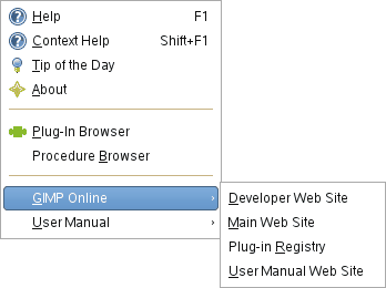 El submenú «GIMP en línia» del menú Ajuda