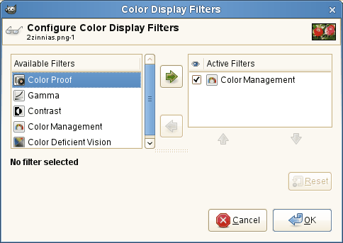 El diàleg dels «Filtres de visualització en color»