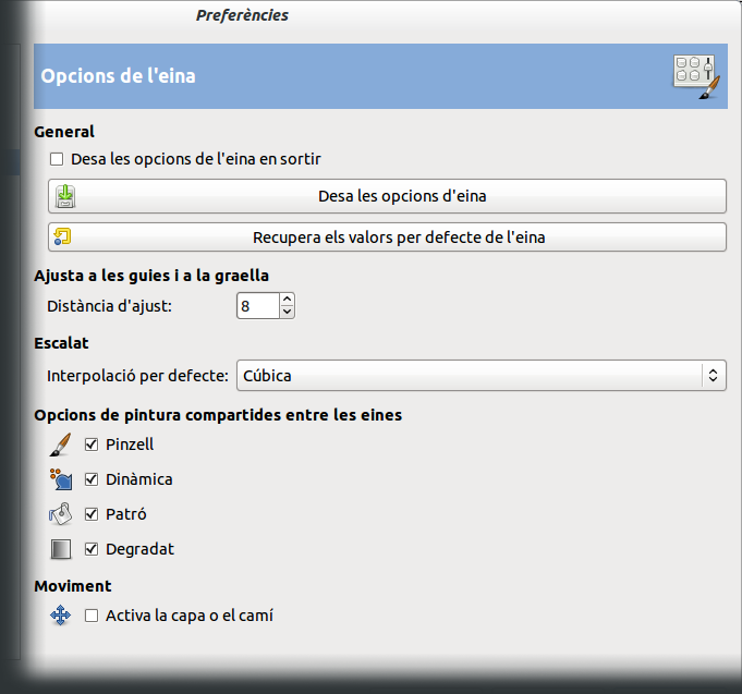 Preferències de les opcions de l'eina