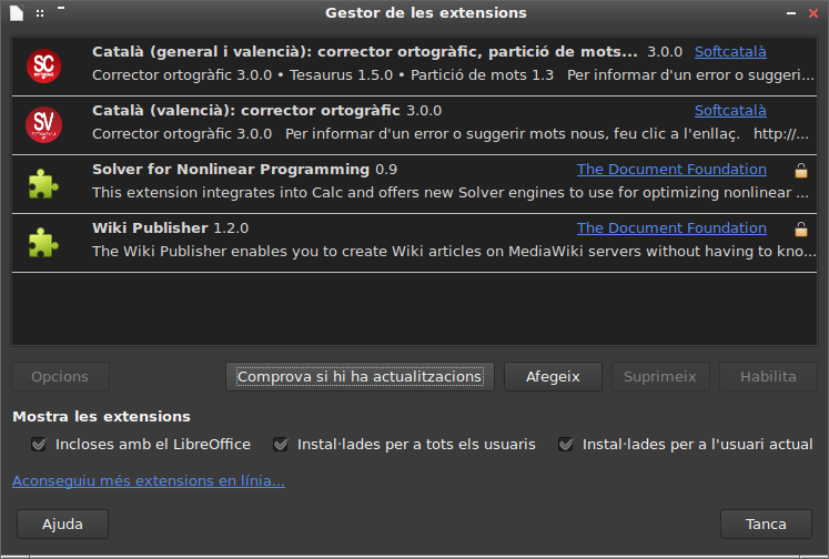 Captura del gestor de complements del LibreOffice