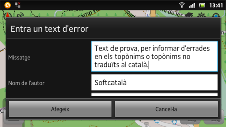 Captura de l'aplicació de l'OSMAnd d'enviament d'errors.