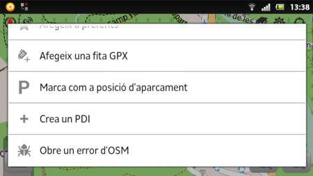 Menú contextual de l'OSMAnd on s'aprecia l'opció d'obertura d'un error.