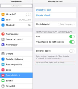 Menú «TouchID i codi» de la Configuració a l'iOS.