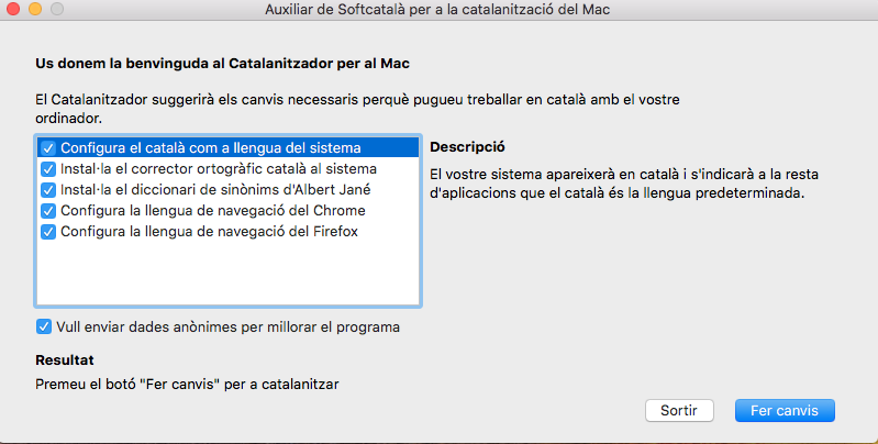 Finestra d'opcions del Catalanitzador al macOS.