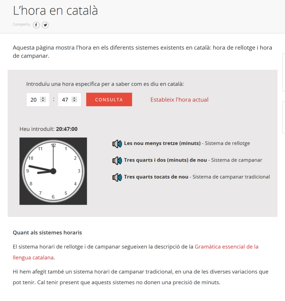 Captura del servei de l'hora en català