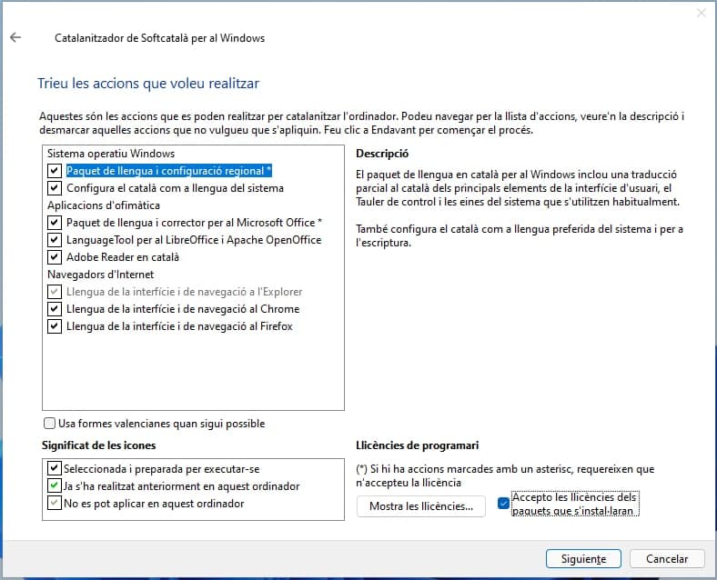 Captura de pantalla de la finestra de configuració del Catalanitzador al Windows 11.