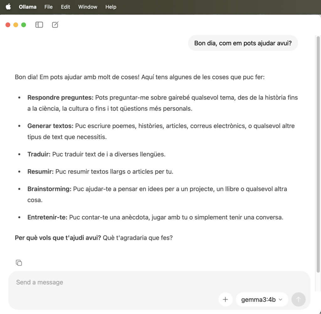 Exemple d'una interfície de xat amb un model de llengua instal·lat localment.